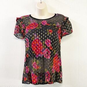Anthropologie Womens 6 Fiorella Floral Sheer‎ Lined Polka Stretch Blouse Popover